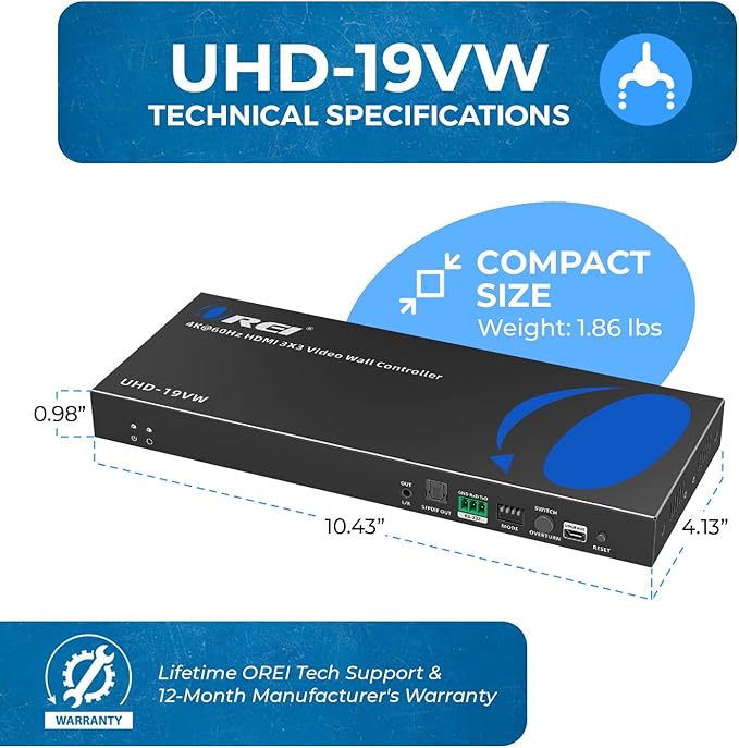 OREI 4K 3x3 Video Wall Controller – HDMI & USB-C Video Wall Processor, 1080p Output per Screen, Multi-Layout Display Modes, 180° Rotation, Bezel Control, RS-232, Audio Extraction