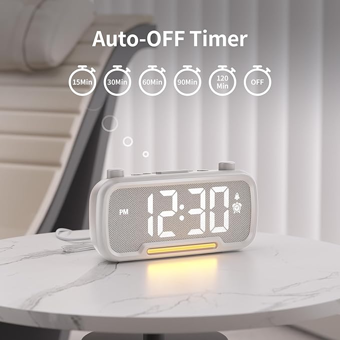 Alarm Clock Radio for Bedrooms, Hi-Fi Sound, Clock Radio with Bluetooth Speaker, Adjustable Dimmer, Auto-off Timer, Night Light, Dual Charging Ports, Ideal for Bedrooms, Dorms & Home Offices(White)