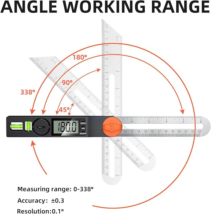 NORTOOLS Digital Angle Finder Protractor, Plastic Angle Finder 7inch/200mm 0-360 ° LCD Digital Protractor Ruler,±0.5° Accuracy Measuring Tool for Woodworking/DIY/Miter Saw (2 Batteries Included) ﻿