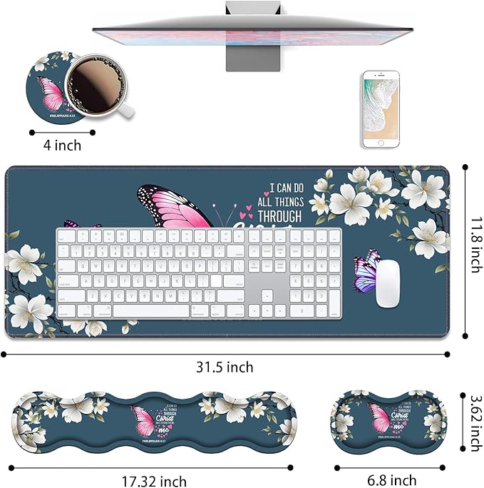 Ergonomic Keyboard Wrist Rest & Mouse Pad Wrist Rest Set, Large XXL Gaming Desk Mat 31.5"x 11.8" with Non-Slip Base for Home Office Study Gaming, Floral Butterfly Quote Bible Verse Philippians 4:13