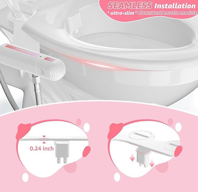 Ultra-Slim Bidet Attachment for Toilet, Non-Electric Dual Nozzle (Rear & Feminine Wash), Adjustable Fresh Cold Water Pressure, Stainless Steel Inlet, Easy to Install(Pink & White)