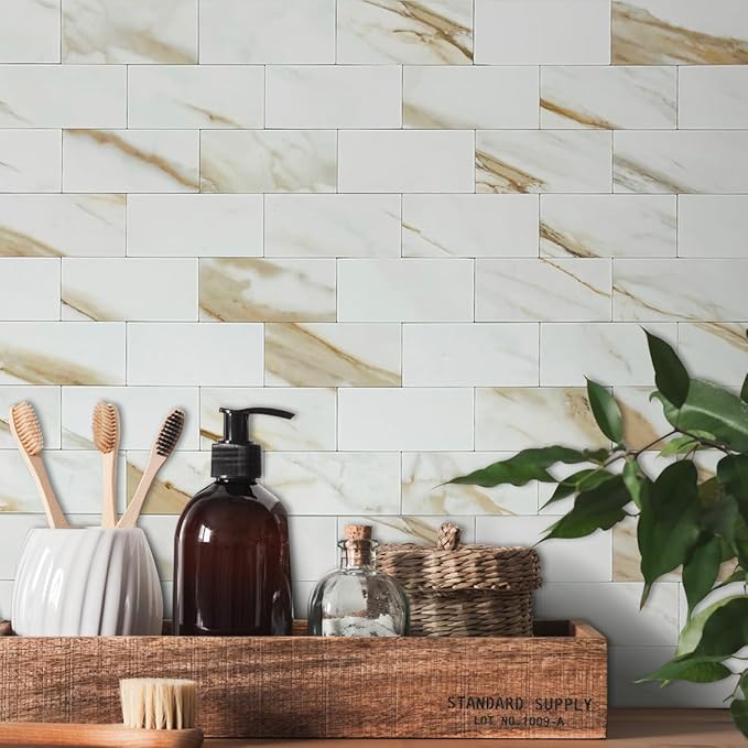 AULIGET 100-Piece Calacatta Gold Marble Look Peel and Stick Backsplash Wall Tiles, 3" x 6" Faxu Stone PVC Stick on Tile for Backsplash Kitchen, Bathroom, Laundry Room, Camper, Fireplace