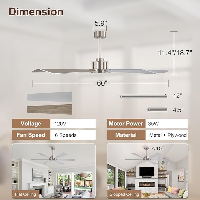 WINGBO 60 Inch Ceiling Fan without Light - 6 Plywood Blades, 6-Speed Reversible DC Motor, Noiseless Remote Control Ceiling Fan No Light for Bedroom Living Room Kitchen, Nickel and Silver/Gray