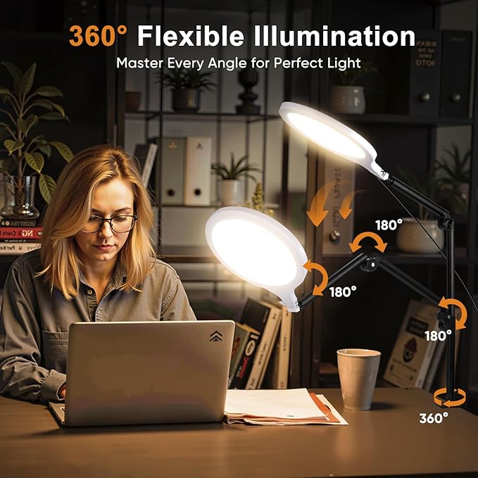 Desk Ring Light, 10" LED Ring Light for Desk with Clamp, 360°Rotate & Flexible Height Full-Screen Overhead Ringlight for Video Recording, TikTok, YouTube, Live Streaming, Content Creation, White