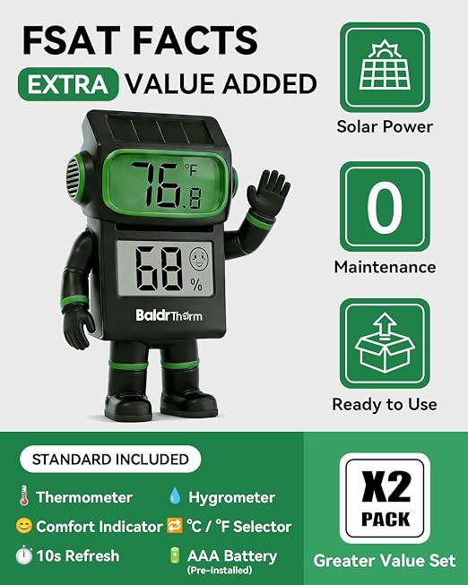 BALDR 2-Pack Digital Hygrometer Thermometer, Solar Power - Image 2