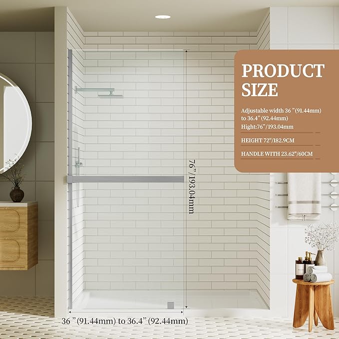 36" W x 76" H Fixed Glass Shower Panel, Frameless Shower Glass Panel with Nano Coating,5/16" (8mm) Clear SGCC Tempered Glass Panel for Walk In,Chrome