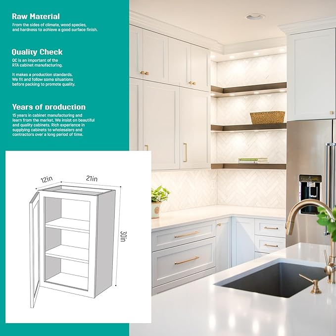 Wall Kitchen Cabinets, RTA Cabinets, White Shaker Cabinet, Wall Mounted, RTA Upper Cabinet, Modern for Kitchen and Bathroom with Door, 2 Adjustable Shelves (White, 21" W x 30" H x 12" D)