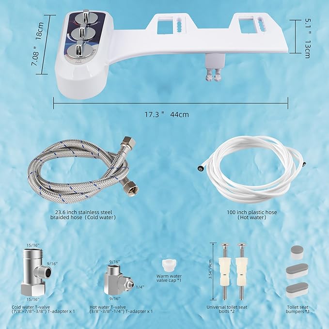 Hibbent Bidet Attachment for Toilet with Self Cleaning Dual Nozzle, Hot and Cold Water Spray Non-Electric Mechanical Toilet Seat Bidet for Rear or Female Washing Sanitizing, Blue