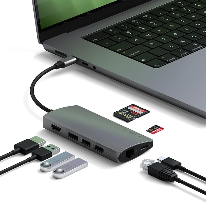 Satechi 8 in 1 USB C Hub Multiport Adapter V2, 4K HDMI, 115W USB C PD Charging, 3 USB-A, Ethernet, Micro/SD Card Readers, for Laptop, MacBook Air/Pro M5/M4, iPad, Windows - Space Gray