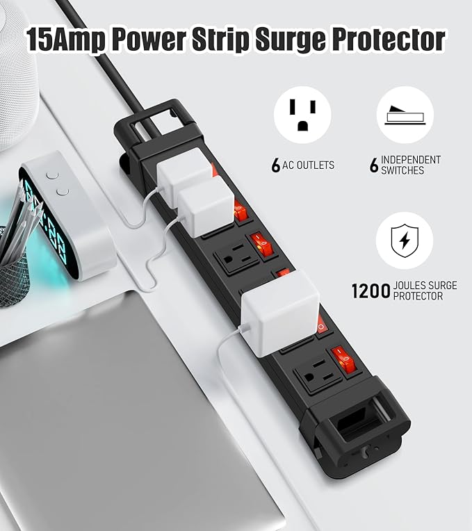 Heavy Duty Power Strip,6 Outlets Metal Power Strip with Individual Switch & Cord Management,Mountable Surge Protector 1200J,15FT Extension Cord(Black,15 FT)