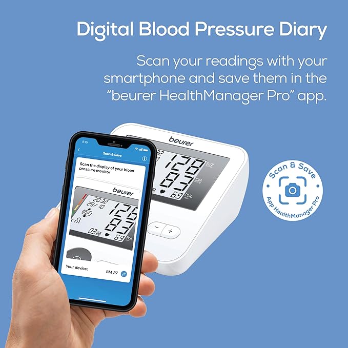 Beurer BM27 Upper Arm Blood Pressure Monitor for Home Use with Adjustable Cuff, Data Transfer to Apple Health and co., 120 Memory Sets, Irregular Heart Rate Detection, Risk Indicator