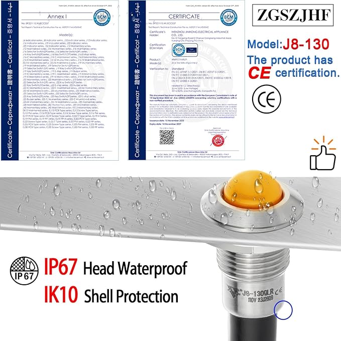 ZGSZJHF UL Listed Mini Indicator Light 8mm 0.31" Waterproof IP67 110V-120V Domed Sphere High Head Metal 304-Stainless Steel LED Lamp Pilot Light with 140mm Wire Yellow