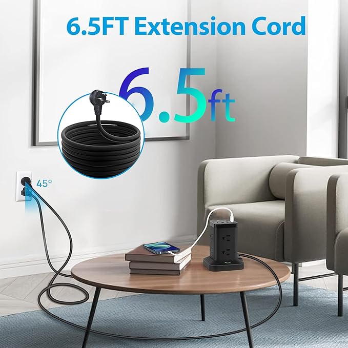 BEVA Power Strip Tower, Surge Protector with USB Ports, 6.5 FT Extension Cord, Charging Tower for Multiple Devices 8 AC and 4 USB(USB-C) for Office Supplies Dorm Room Essentials Office Organization