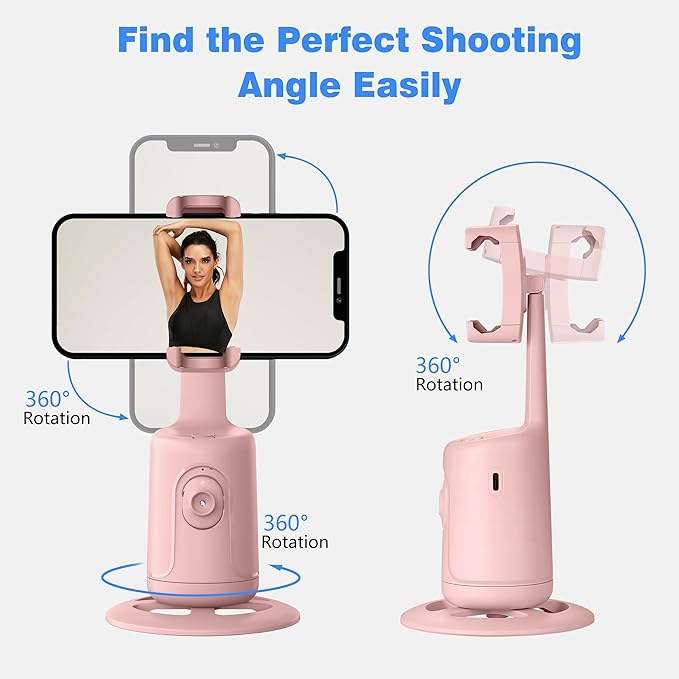 Auto Face Tracking Tripod, 360° Rotation Face Body Phone Camera Mount Smart Shooting Phone Tracking Holder with Remote,No App, Gesture Control,Smart Shooting Holder for Vlog, Streaming,Tiktok-Pink