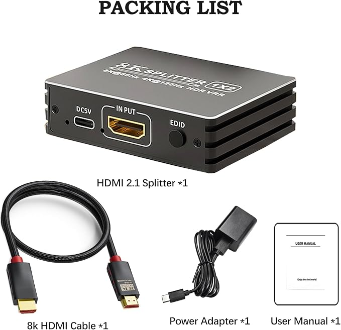 HDMI 2.1 Splitter 1 in 2 Out 4K 120Hz with 8K HDMI Cable and Power Adapter, BolAAzuL 8K 60Hz 1x2 HDMI Y Splitter with Audio Out for Dual Monitors Duplicate, Support HDCP 2.3 HDR for PS5/Xbox/PC/TV