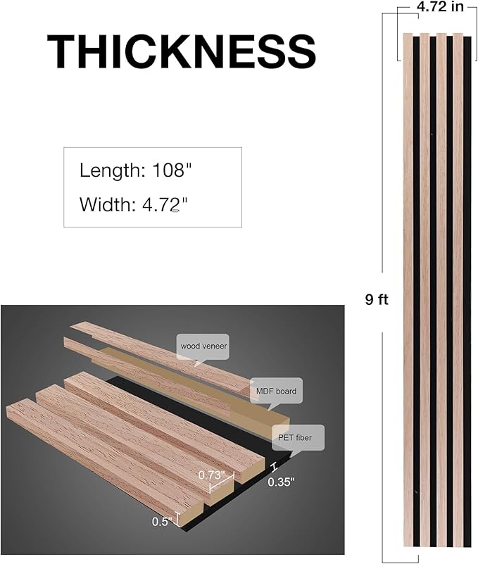 NeatiEase Wood Wall Panels, 9 Feet Acoustic Slat Wall Panels for Interior Wall Decor and Noise Reduction, Decorative Slat Wall Paneling, Natural Walnut, 6-Piece