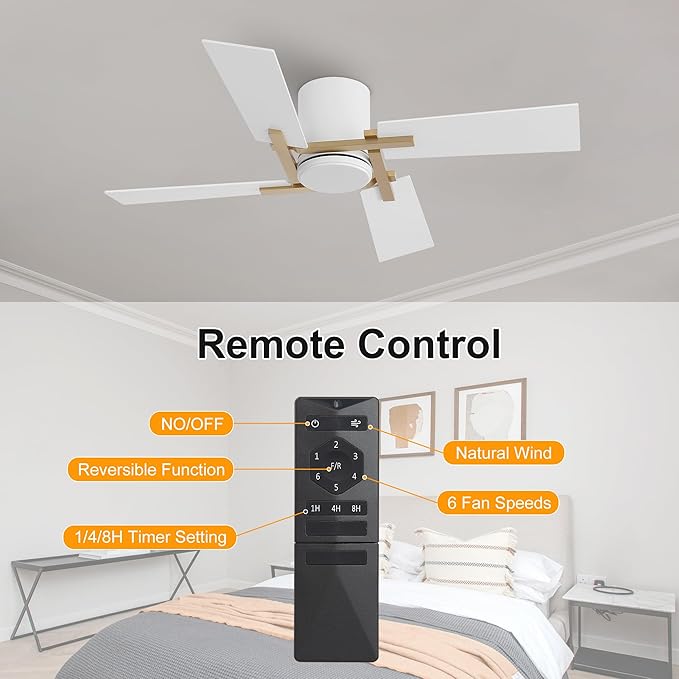 WINGBO 48 Inch Flush Mount Ceiling Fan without Light - 4 Plywood Blades, 6-Speed Reversible DC Motor, Noiseless Low Profile Ceiling Fan No Light for Bedroom Living Room, Gold and White