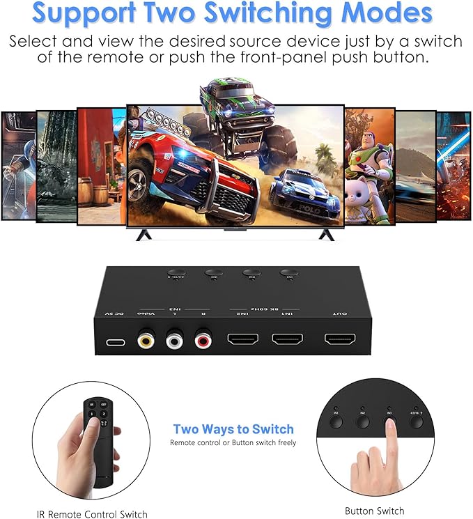 3-Port 8K@60Hz HDMI Switch with AV Input, 2X HDMI & 1x RCA to HDMI Converter Supports HDR10, HDCP 2.2, 3D with IR Remote Control, Compatible with Xbox/PS2/Nintendo Switch,Xbox,PS5/PS4,Roku,Apple TV