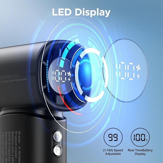 K-RUNMAN Portable Handheld Turbo Fan, 5 Gear Wind, Battery Operated, Up to 12 Working Hours, LED Display with Air Turbo Tech Cooling Fan for Outdoor Activities, Travel, Beach (Black)