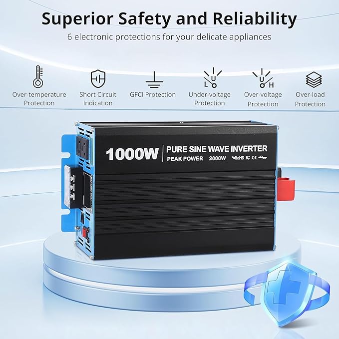 1000W Pure Sine Wave Inverter,1 USB Port 5v/2.1a,LCD Display&Remote Controller for Home, RV, Truck