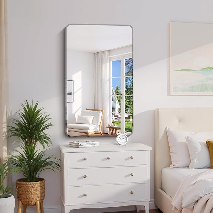 CILIBER Frameless Rectangle Mirror, 24x40 Beveled Bathroom Mirror Rounded Corner, Frameless Wall Mirror Shatterproof Tempered Glass Lightweight Design for Bedroom Living Room Entryway