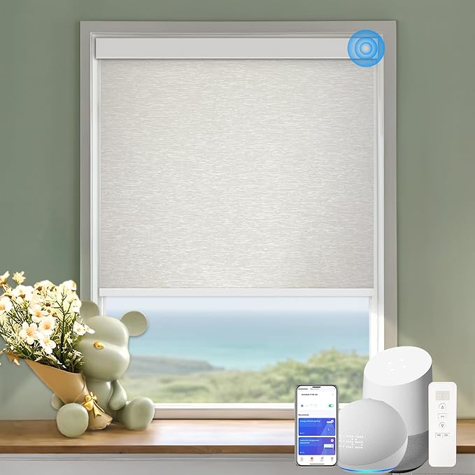 COOLWINDS Motorized Blinds with Remote Cordless Automatic Motorized Shades Custom Blinds for Windows Smart Curtains Compatible with Alexa Google Home(Blackout Jacquard Beige,W51 x H72in)