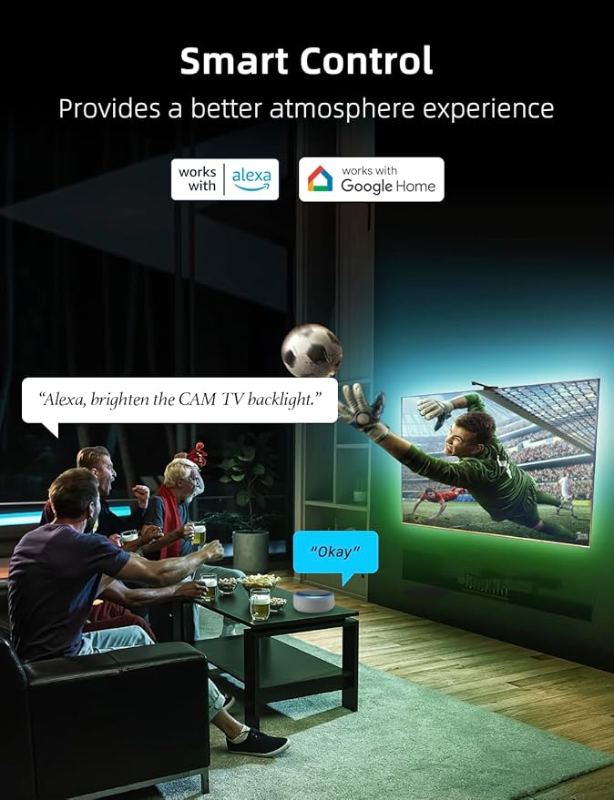 Ailofy Smart TV LED Backlight with Camera for 55-70 inch Screens, 12.48ft LED Strip Lights Sync to Screen & Music, Color Changing Lights Work with Alexa & Google Assistant, App Control