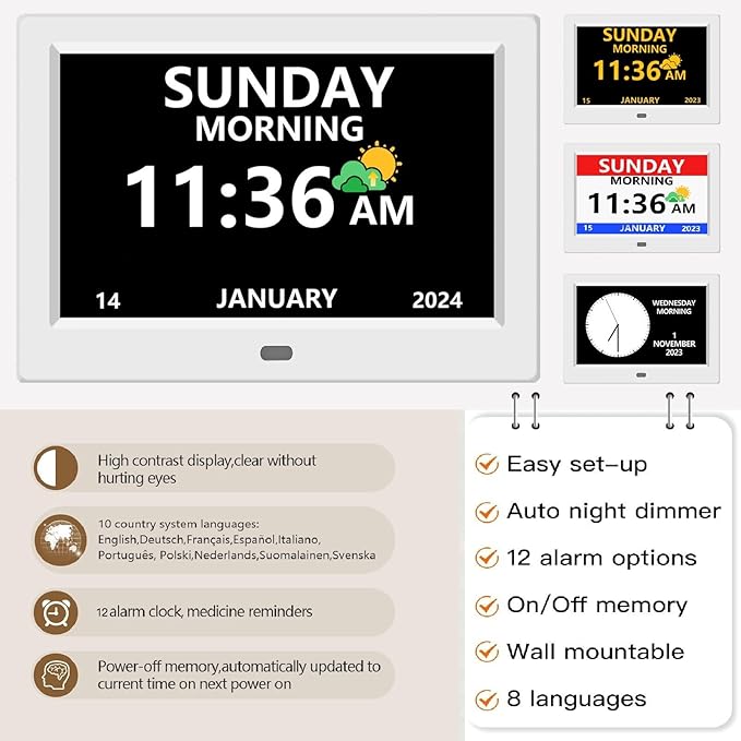 LXBYJKJ 10 Inch Digital Clock with Day and Date for Elderly Alzheimer's Clock Customizable Alarms 3 Display Modes Large Font Alarm Clock for Seniors Auto DST