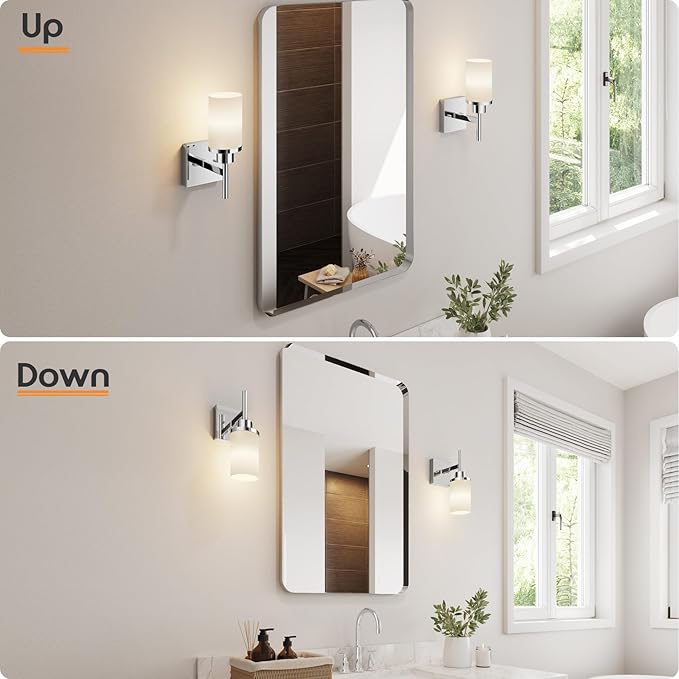 AONEON Vanity Lights Polished Chrome Bathroom Light Fixtures with White Frosted Glass Shade, Wall Sconce for Mirror Hallway Entrance Porch T001CH-L1