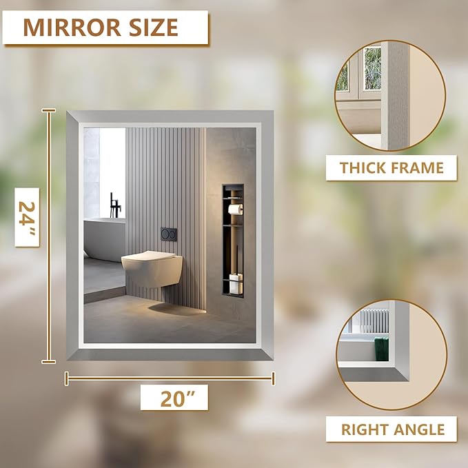 SMIROR Brushed Silver Bathroom Mirror for Over Sink, 20”x 24” Metal Thick Framed Rectangle Vanity Mirror for Wall, Right Angle Corner, Anti-Rust, Horizontally or Vertically Mounted