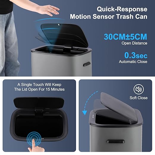 14.5 Gal/55L Trash Can with Lid, Automatic Touchless Garbage Can with Soft-Close Lid & Handle, Stainless Steel Waste Basket Motion Sensor Trash Can for Kitchen, Bathroom,Grey(No Inner Bucket)