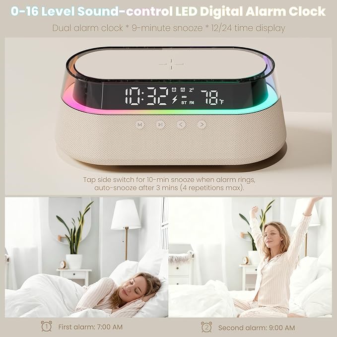 KUANGXIANG 6-in-1 Bluetooth Speaker Alarm Clock with Remote, 15W Fast Wireless Charger, FM Radio & Dimmable LED Night Light, Dual Digital Clock for Bedroom Home Office, Ideal for Him, Men Women