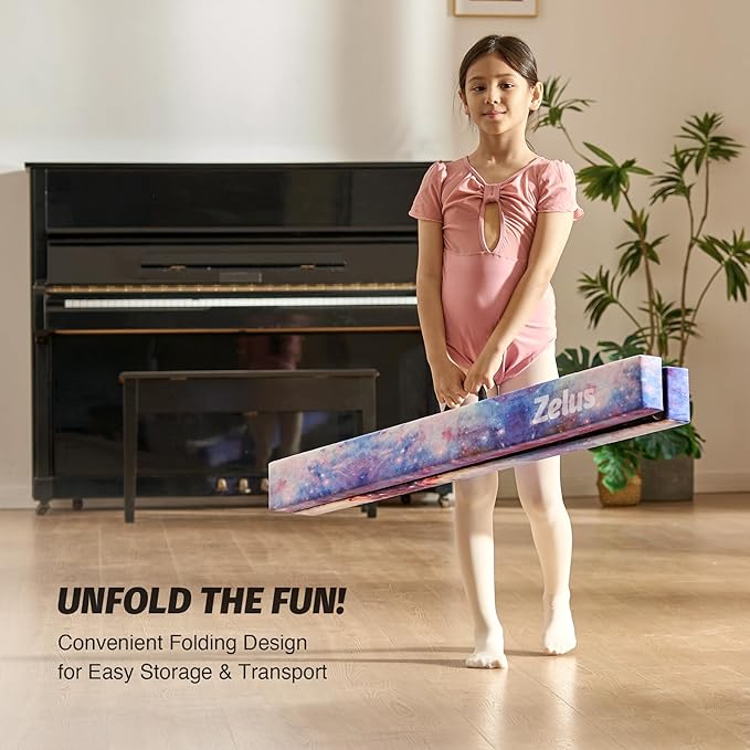 ZELUS 8' Folding Gymnastics Balance Beam, Floor Balance Beam w/Carry Handles Anti-Slip Base for Kids, Beginners & Professional Gymnasts