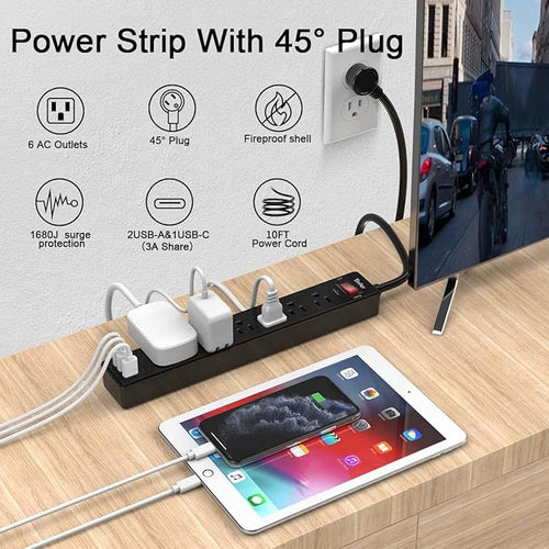10 Ft Power Strip Surge Protector - Yintar Extension Cord with 6 AC Outlets and 3 USB Ports for Home, Office, Dorm Essentials, 1680 Joules, ETL Listed, Black