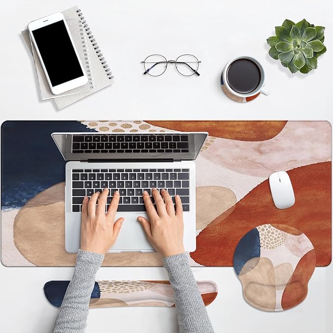 Britimes Abstract Boho Keyboard Mouse Pad Set 4in1 Large Mousepad+Keyboard Wrist Rest+Mouse Wrist Rest+Coaster Set with Ergonomic Design for Home Office Computer 35.4x15.7 inches