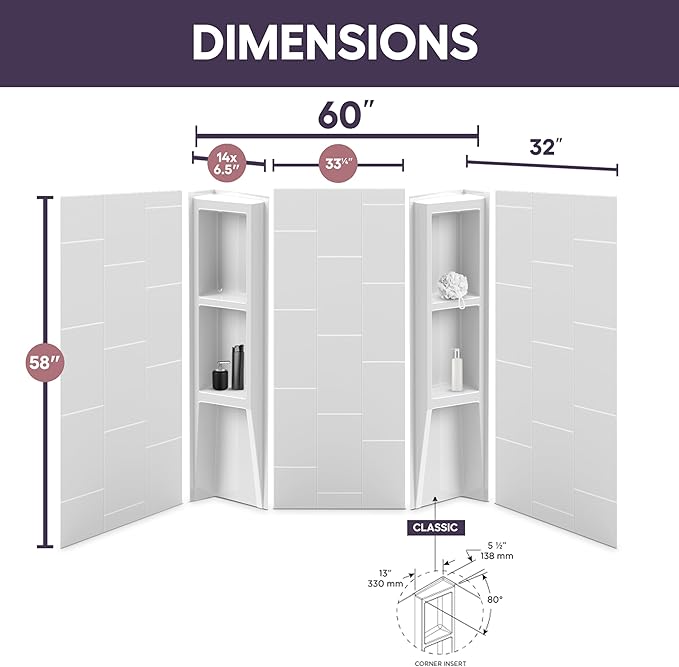 White Acrylic Tub Wall Surround 32"x 60"x 58" - Waterproof, Easy-to-Install, Two Shelf Units Kit Included - Bathtub Wall Surround Panels - Vertical Pattern, Dynamic Shelves