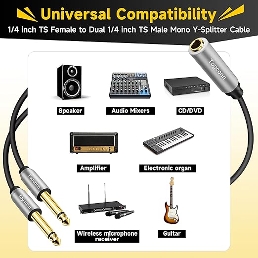 Togconn 1/4 inch TS Mono Splitter Y Adapter, 6.35mm Mono Female to Dual 6.35 mm TS Mono Male Jack, Quarter inch Audio Speaker Splitter Converter Cable 1 Feet, Gold Plated Connectors