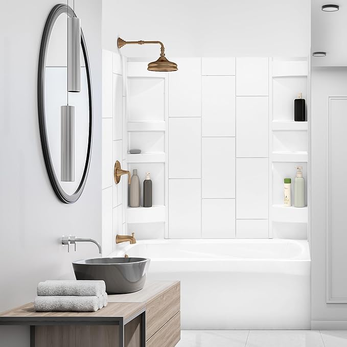 White Acrylic Tub Wall Surround 32"x 60"x 58" - Waterproof, Easy-to-Install, Two Shelf Units Kit Included - Bathtub Wall Surround Panels - Vertical Pattern, Dynamic Shelves