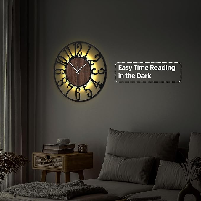 Casaformia 24'' Silent Wall Clock with Night Light, Glow in The Dark Decorative Wall Clock Battery Operated, Rustic Modern Metal & Wood Clocks for Bedroom Living Room Decor, Arabic Numerals
