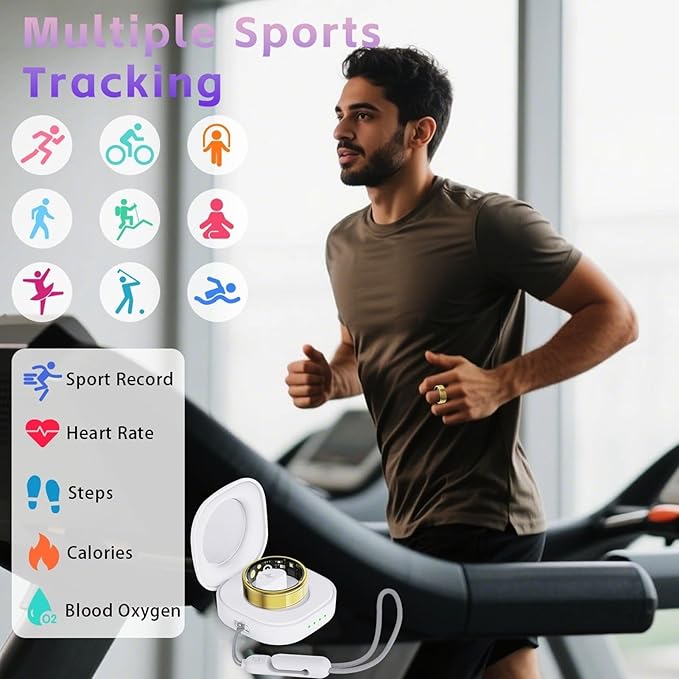 Activity Tracker Ring for Men Women – Smart Health Ring with Heart Rate, SpO2, Blood Pressure, Sleep Monitoring, Step & Calorie Counter, 5ATM Waterproof, No Subscription Fee (Gold 9)