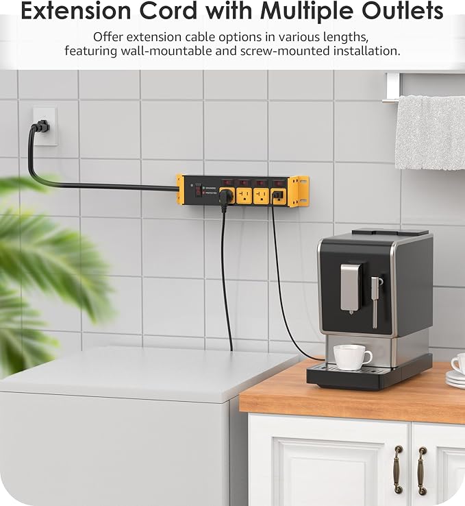 CCCEI Heavy Duty Surge Protector Power Strip 20 Amp Individual Switches. 4FT 12 Gauge Extension Cord with Multiple Outlets. Kitchen, Garage, Shop, Industrial Wall Mount Electric Extender, Yellow.