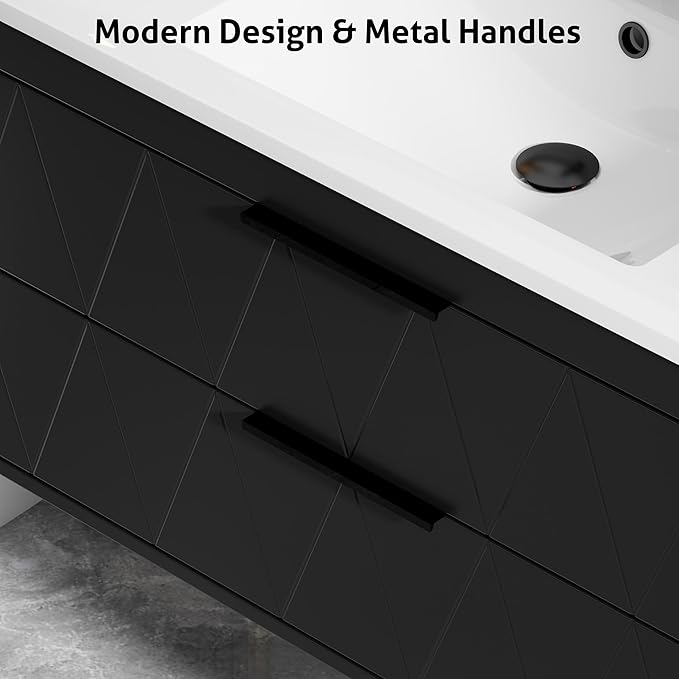 eclife 24" Bathroom Vanities Cabinet with Sink Combo, Wall Mounted Floating Cabinet W/Decor Line, Soft-Close System, 2 Extra Big Drawers, Matte Black Faucet, Black