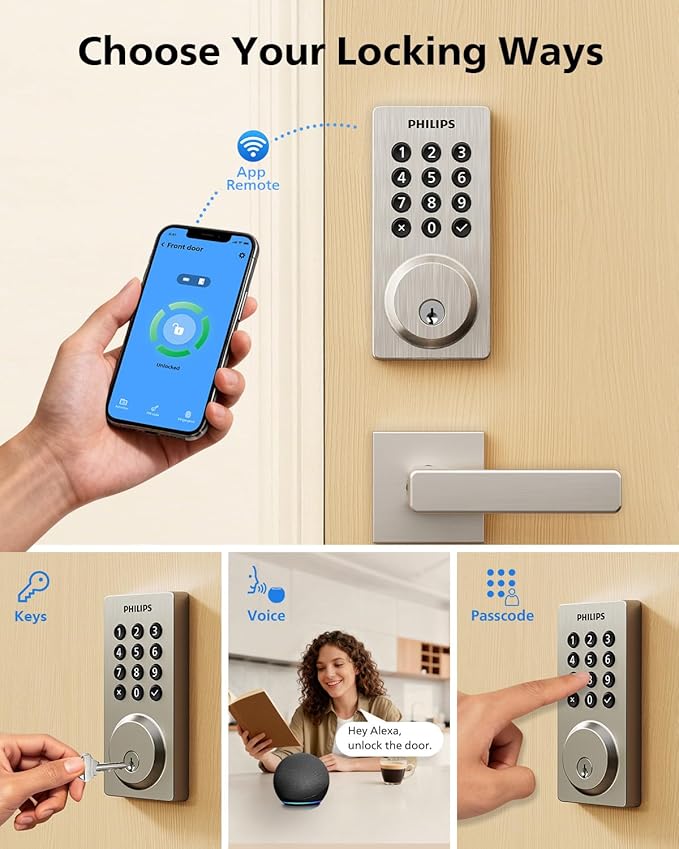 Philips Wi-Fi Smart Door Lock, Keyless Entry Door Lock with App Control,Fingerprint ID,Auto Lock,Keypad Deadbolt with Wi-Fi Bridge Adaptor,Smart Locks for Front Door-Matte Black