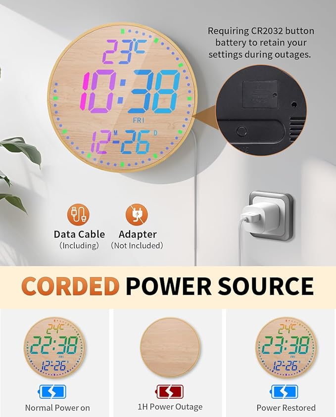 GLOKUUCA 12" Large Digital Wall Mount Clock, Count Down Timer, Alarm, Big LED, 12 RGB Color, Temperature for Living Room Classroom Desk (Bamboo Elements)