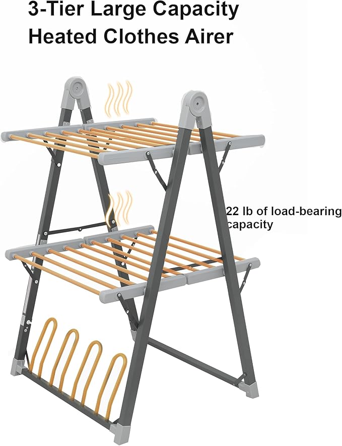 SHARNDY Electric Heated Clothes Drying Rack,Foldable Heated Garment Dryer with Timer Shut-Off Laundry Rack for Clothes Shoes Socks,Aluminum Alloy,Space Gray,Plug & Play,(39.37x25.98x23.82in)