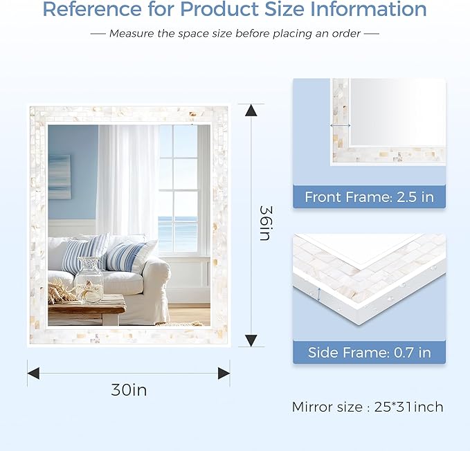 Tanmicoshomy 30 x 36 Inch White Rectangle Wall Mirror, Natural Shell Framed Rectangular Mirror for Bathroom Bedroom, Living Room, Entryway, Wall Mounted Horizontal or Vertical