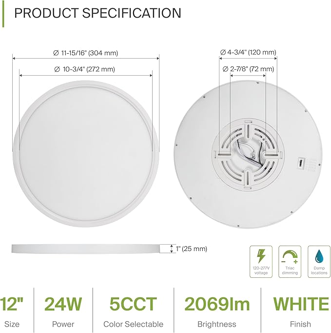 ASD LED 12" Round Flush Mount Ceiling Light Fixture, Low Profile Surface Lighting | 5CCT, Dimmable, Ultra-Thin, ETL Listed | 24W 2000LM 2700-6000K 100-277V | Kitchen, Hallway Lamp | White, 4 Pack