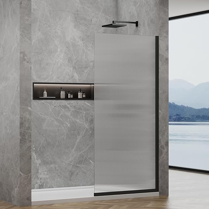 36"x76" Fixed Glass Shower Door, 3/8"(10mm) Thick Fluted Privacy Tempered Glass, Frameless Shower Glass Panel, Shower Screen Half Wall for Walk in Shower, Matte Black