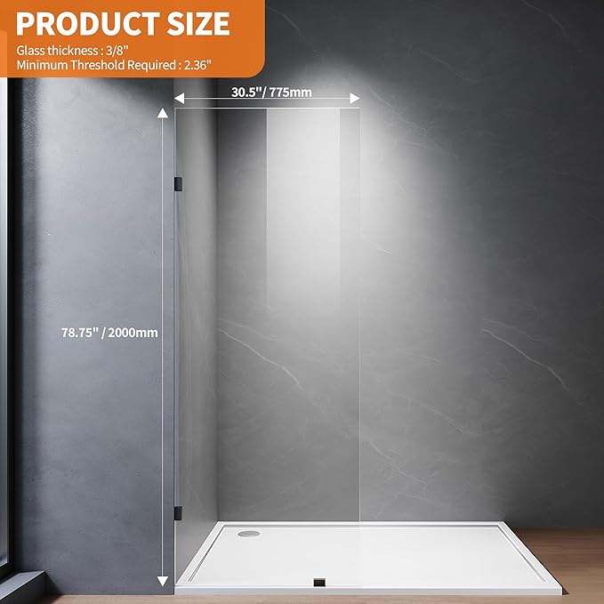 Shower Glass Panel, Fixed Shower Screen Panel with 3/8"(10mm) SGCC Ultra Clear Tempered Glass, Frameless Walk in Shower Door with Easy‑Clean Coating (Matte Black, 30.5" W x 78.75" H)