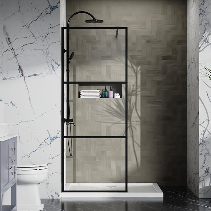 Goodyo Fixed Shower Door 34" X 72" Clear Tempered Glass Shower Screen Panel for Walk-in Bathroom, Black Framed 3 Pieces Shower Glass